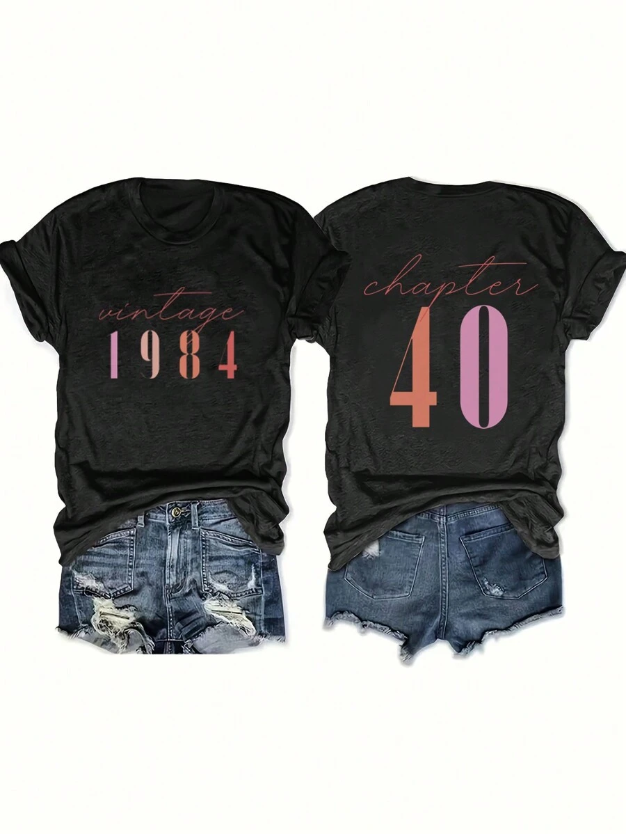 INAWLY 经典 1984 女士短袖休闲 T 恤，适合节日、周年纪念、派对场合、四季上衣 - 黑色 - 查看 1