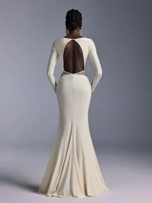 Elitara 优雅轻盈褶皱前露背长袖圆领鱼尾下摆伴娘礼服 - 香檳色 - 查看 1