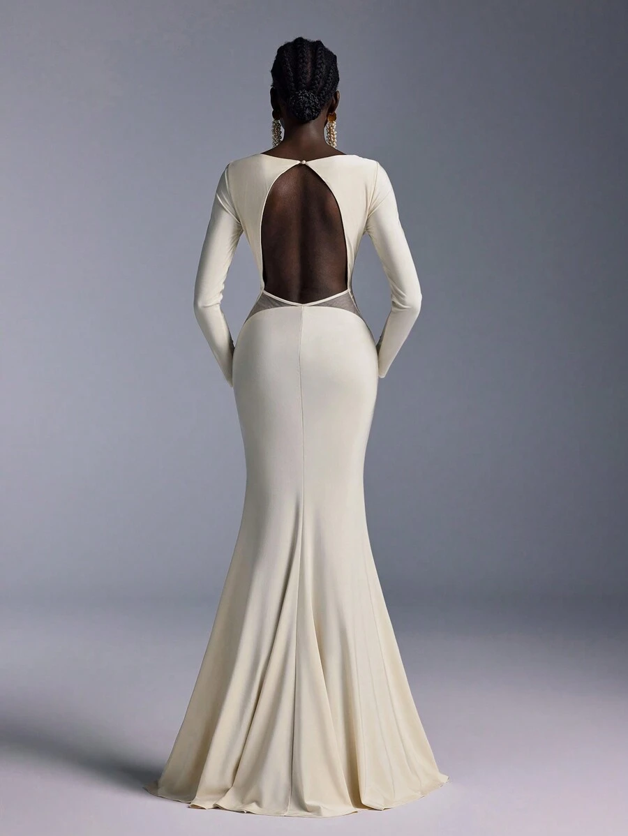 Elitara 优雅轻盈褶皱前露背长袖圆领鱼尾下摆伴娘礼服 - 香檳色 - 查看 1