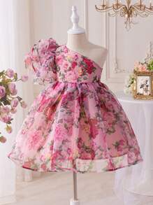 SHEIN 年轻女孩优雅花卉印花无袖迷你连衣裙 - 粉色 - 查看 1