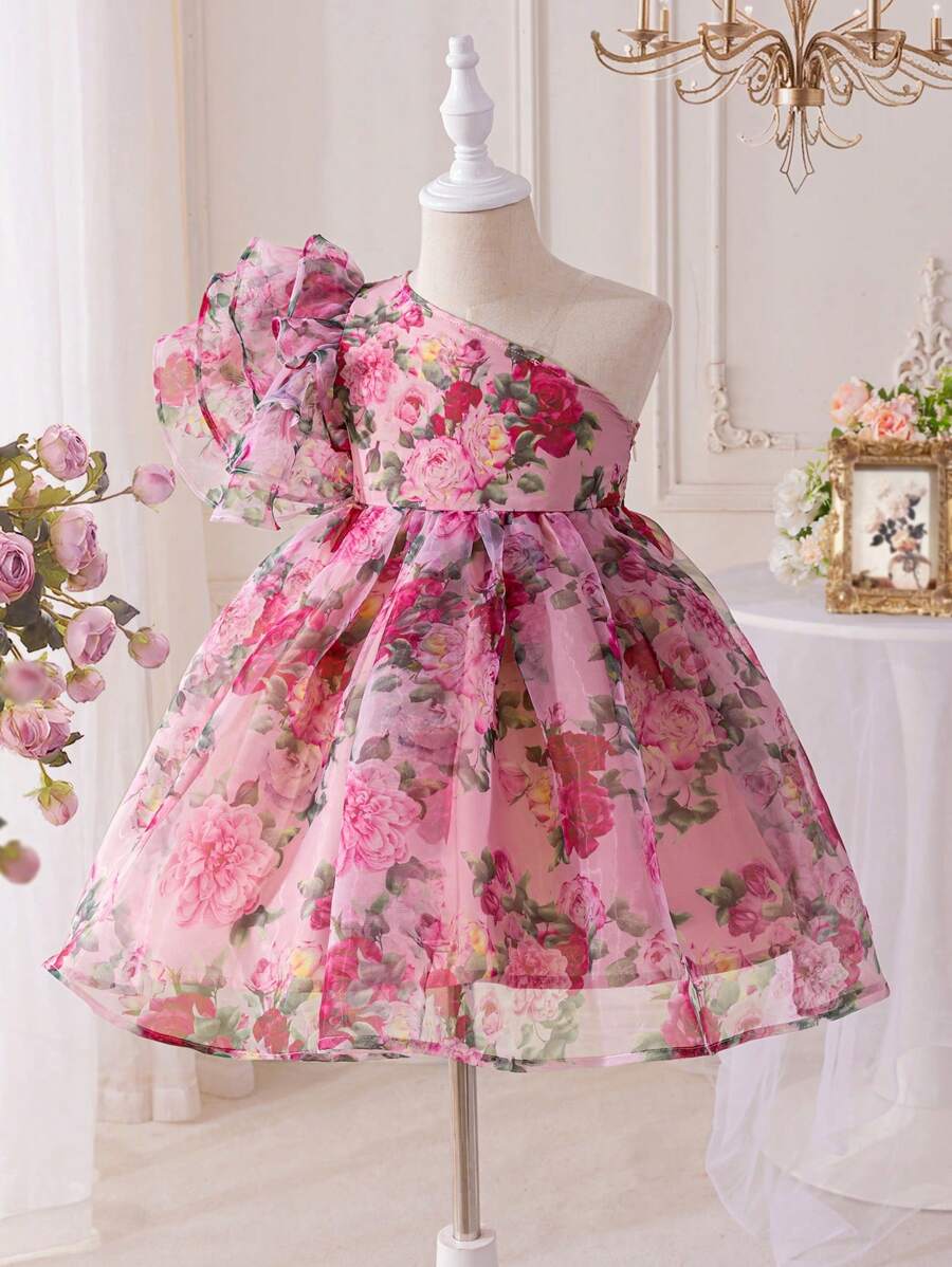 SHEIN 年轻女孩优雅花卉印花无袖迷你连衣裙 - 粉色 - 查看 1