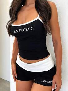 INAWLY Conjunto de camiseta de tirantes y shorts slim fit para mujer, informal y sencillo pero con estilo - Blanco y Negro - Ver 2