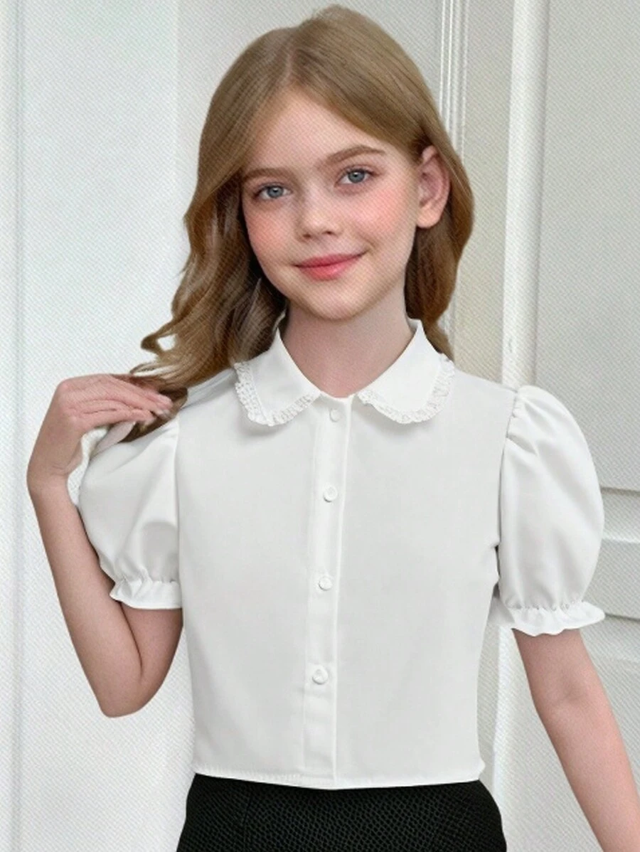 SHEIN 青少年女孩短款腰部蕾丝荷叶边彼得潘领衬衫，可爱复古优雅女士衬衫