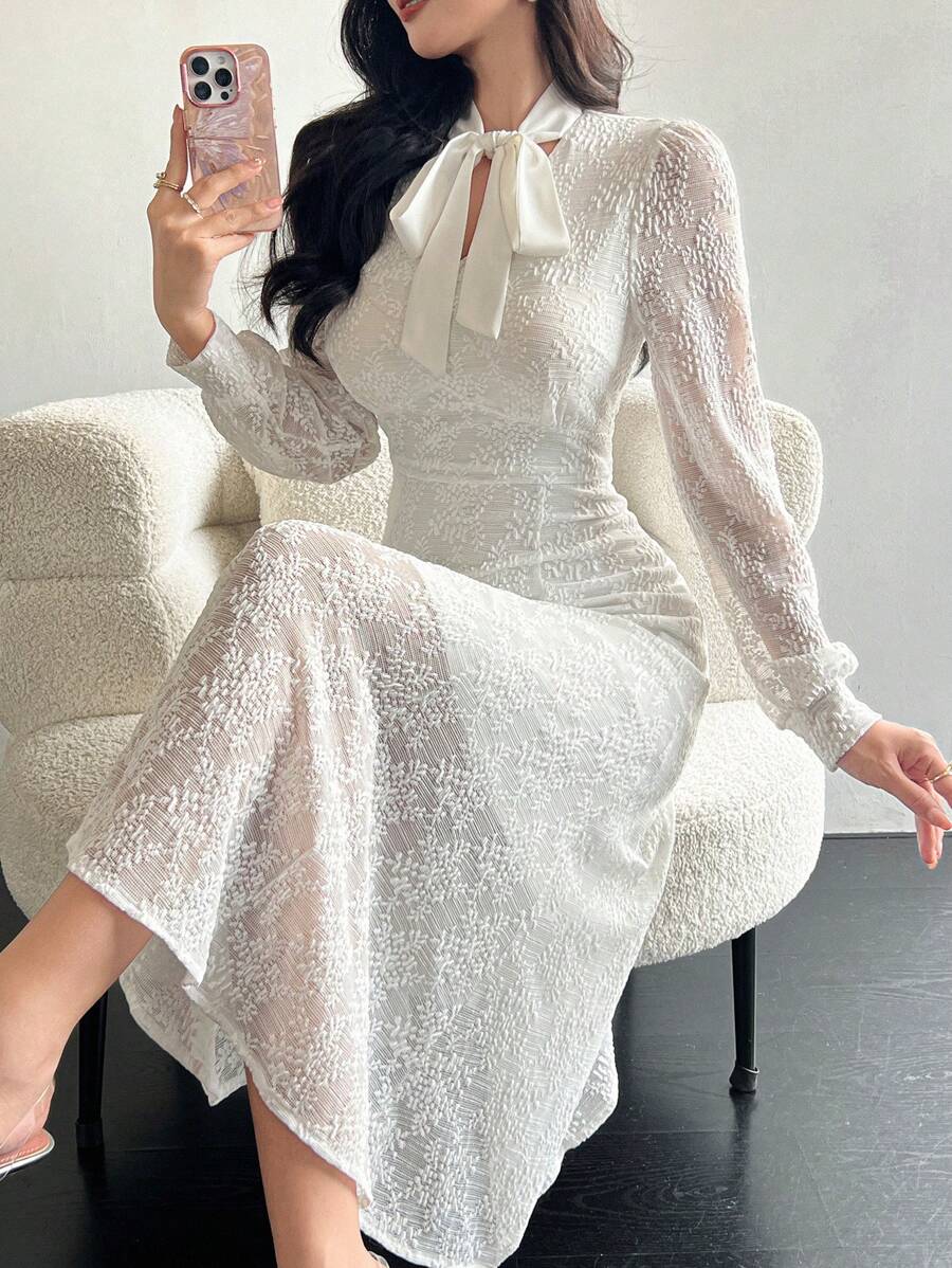 DAZY Women Elegant Solid Color Lace Ribbon Collar Puff Sleeve Mid-Length Dress Prom Dress