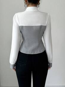 SHEIN PETITE New Patchwork 2 In 1 Hollow-Out Tailored Long Sleeve Top Shirt - Black and White - View 3