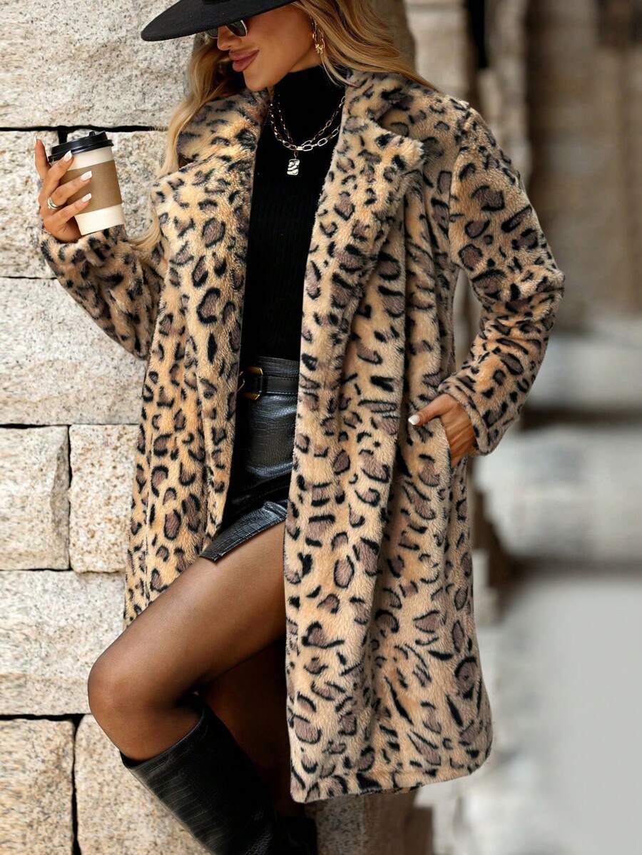 SHEIN Clasi 女士豹纹立领长袖毛绒宽松休闲夹克，秋冬 - 卡其色 - 查看 1