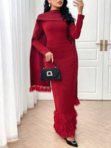 Modelyn Women Elegant Solid Color Tassel Trim Bodycon Dress Long Evening Dresses