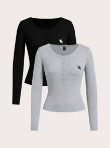 SHEIN EZwear Women's Knight Print Round Neck Long Sleeve Button-Up Casual T-Shirt - Black - View 1