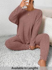 SHEIN PETITE CURVE 2pcs Plus Size Solid Color Long Sleeve Top And Pants Set - Pink - View 1