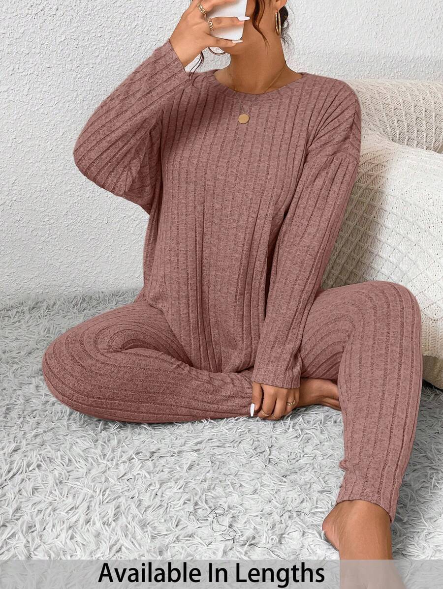 SHEIN PETITE CURVE 2pcs Plus Size Solid Color Long Sleeve Top And Pants Set - Pink - View 1