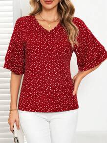 EMERY ROSE Valentine's Day Women Heart Print Top,Double Ruffled Short Sleeve T-Shirt - Multicolor - View 4