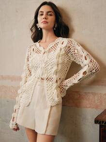 Anewsta Handmade Crochet 3D Lock Chain Floral Lace Faux Pearl Hollow-Out Versatile Cardigan - White - View 4