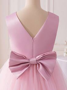 SHEIN Tween Girls' Solid Jacquard Sleeveless Mesh Splice Ruffle Hem Princess Dress, Suitable For Graduation, Birthday Party - Pink - View 3