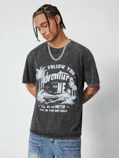 ROMWE MEN Casual 男士树纹酸洗短袖T恤，适合春夏假期日常穿着