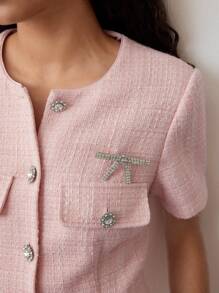 MOTF STUDIO TWEED BUTTON UP DRESS - Pink - View 4