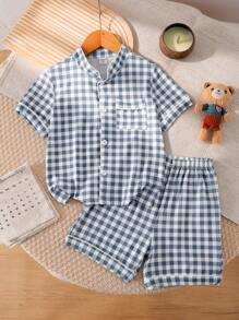 2 Pieces Set Young Boy Plaid Print Short Sleeve Top And Shorts, Casual & Comfortable Homewear Set - Multicolor - View 2