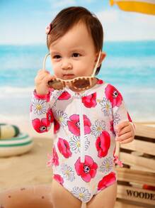 Baby Girl Floral Print Keyhole Long Sleeve Rash Guard One-Piece Swimsuit With Headband - Multicolor - View 1
