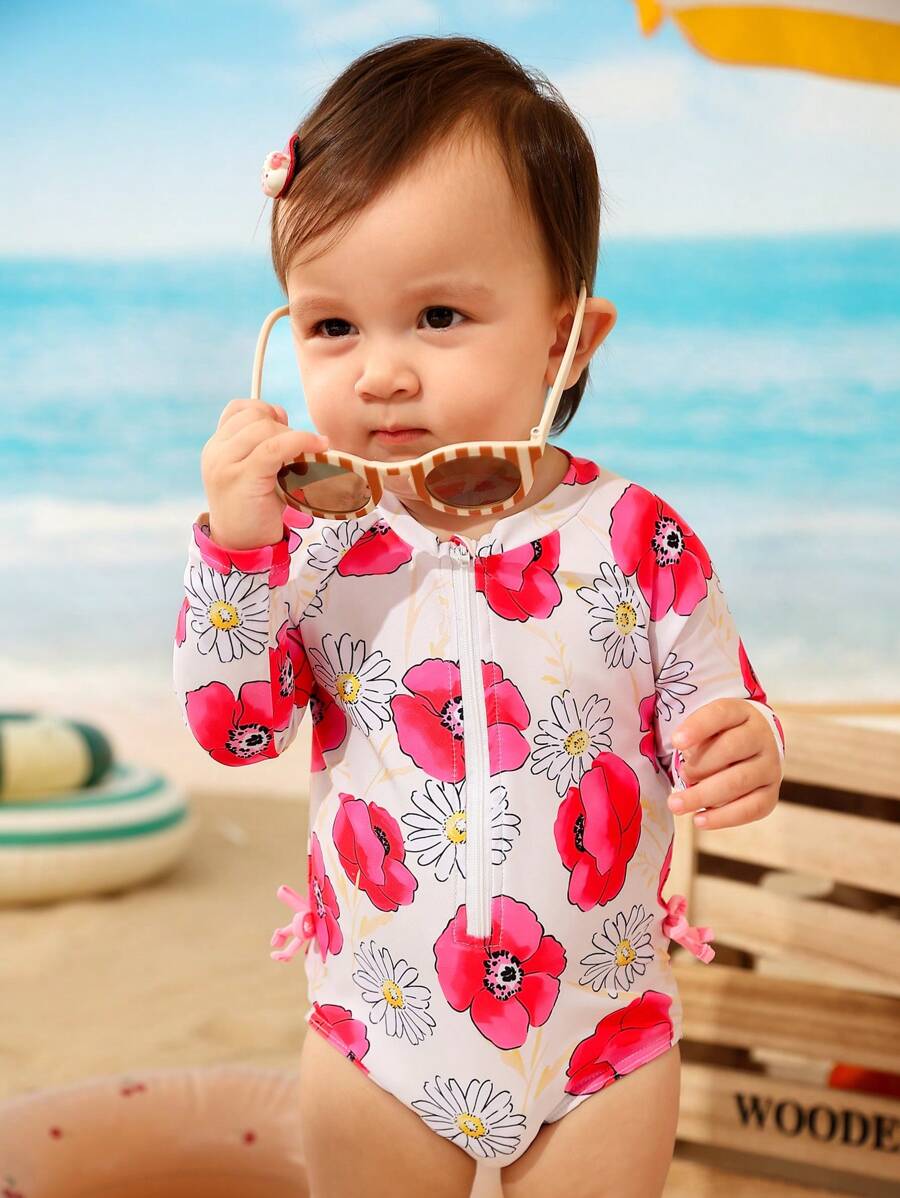 Baby Girl Floral Print Keyhole Long Sleeve Rash Guard One-Piece Swimsuit With Headband - Multicolor - View 1