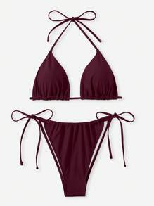 SHEIN Swim Curve 2 pezzi Costume da bagno in tinta unita da donna Plus Size, Bikini con laccetti e collo alto, Sexy e alla moda, Per vacanze e tempo libero