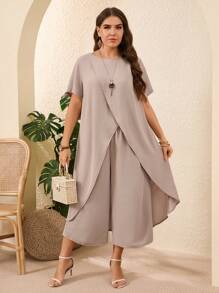 EMERY ROSE 大码女式纯色短袖不对称衬衫和裤子两件套，适合夏季度假装 - 卡其色 - 查看 6