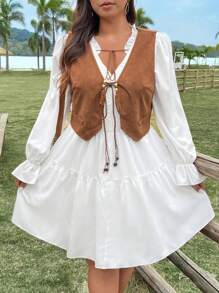 Flirla Ensemble robe longue blanche à manches longues avec patchwork en dentelle + cardigan brun rétro polyvalent pour femmes grande taille - Multicolore - Voir 4