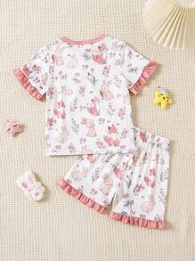 Young Girl' Cute Fox & Rabbit Floral Print Short Sleeve T-Shirt & Shorts 2pcs Loungewear Set - Multicolor - View 2