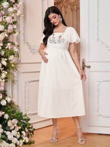 SHEIN 孕妇花卉印花方领荷叶边袖优雅连衣裙 - 白色 - 查看 5