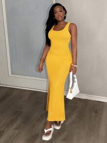 Slaydiva New Spring And Summer Casual Basic Everyday Versatile U-Neck Vest-Style Fishtail Skirt Slim Long Skirt Yellow Knitted Women's Long Dress-G - Yellow - View 3