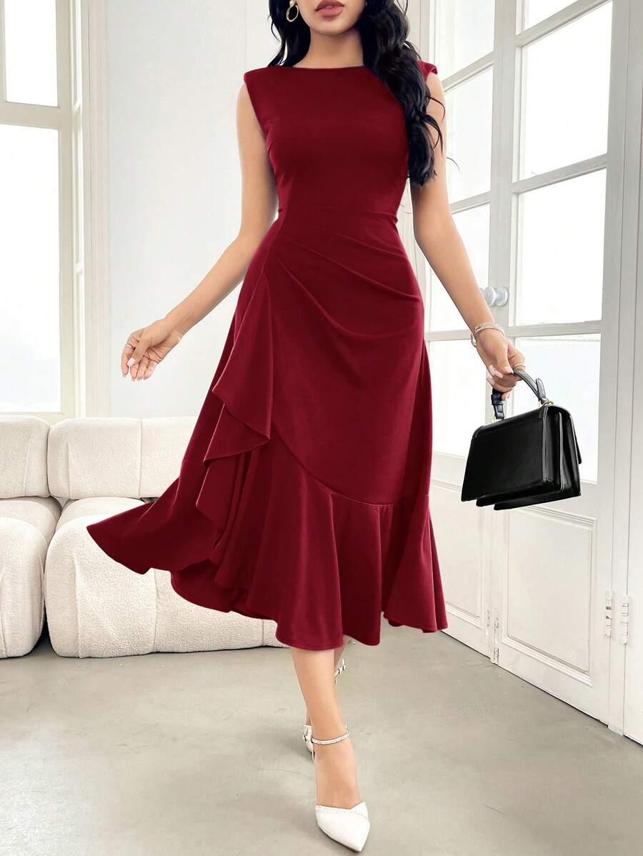 Modelyn 女士纯色圆领荷叶边下摆褶皱优雅连衣裙 - 酒紅色 - 查看 1