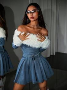 SHEIN ICON 女士牛仔连衣裙性感单肩迷你连衣裙带毛边秋季女装啦啦队服装 Y2k 连衣裙加厚牛仔布毛绒 - 彩色 - 查看 7