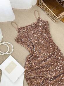 DAZY 女士亮片修身吊带高开衩长款派对连衣裙，卡其色，春夏露背/露背舞会礼服，女士吊带连衣裙，返校节礼服，奢华亮片性感连衣裙，优雅女士连衣裙，新年夜礼服，嘉年华闪亮连衣裙 - 卡其色 - 查看 6