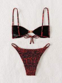 SHEIN Swim 2 件套女士性感蛇皮印花细肩带系带丁字裤比基尼泳装夏季 - 彩色 - 查看 2