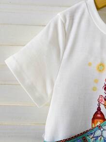 SHEIN Set de 2 piezas de túnica abaya kaftan de estilo tradicional para niñas jóvenes durante el Ramadán, con estampado de niña de dibujos animados y linterna en la Top y vestido inferior con volante asimétrico, adecuado para fiestas y vacaciones