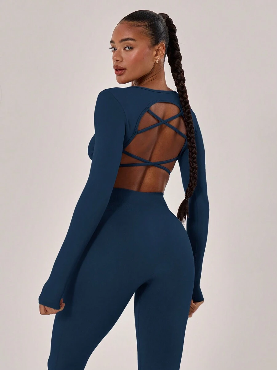 Musera Sport Cross Back Crop Long Sleeve Gym Top, Padel, Tennis, Pickleball Gym Fitness - Navy Blue - View 1