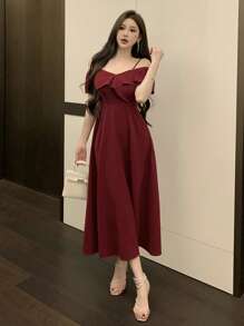 DAZY Women V-Neck Ruffle Trim Midi Dress, Solid Color For Date Night, Valentine's Day, Chinese New Year Elegant Sundress Red Women Dresses Prom Dress Christmas