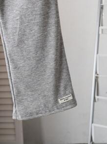 SHEIN Young Girl Daily Soft Round Neck Knitted Solid Color Round Neck Short Sleeve Top With Slight Flared Pants Set - Grey - View 4