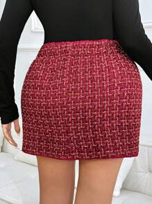 SHEIN Frenchy Plus Size Casual Commute Plaid Decor Button Skirt - Burgundy - View 2