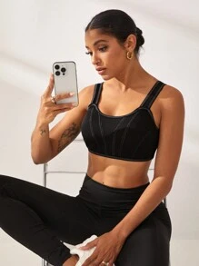 SHEIN Women's Simple Wide Strap Sports Bra, Casual Wear - Black - View 6
