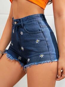 Jeanoix Women Daisy Embroidery Frayed-Hem Insert Pocket Casual Denim Shorts - Dark Wash - View 4