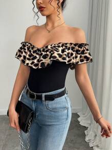 Selianne Women's Fashion Off Shoulder Ruffled Leopard Print Color Block Patchwork T-Shirt, Spring/Summer - Black - View 5