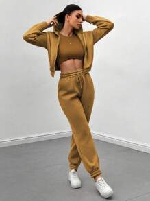 SHEIN Essnce 3 件/套女式單色背心、拉鍊連帽外套和慢跑褲套裝 - 棕色 - 查看 7