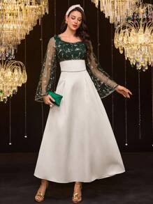 Al Najma 女士蕾丝拼布圆领长袖休闲阿拉伯风格连衣裙 - 綠色 - 查看 4