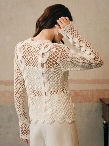Anewsta Handmade Crochet 3D Lock Chain Floral Lace Faux Pearl Hollow-Out Versatile Cardigan - White - View 6