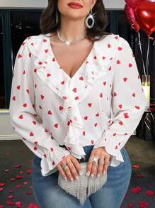 Flirla Blusa Plus Size Feminina Dia dos Namorados Romântico Coração Decote Em V Babados Manga Longa - Branco - Ver 7