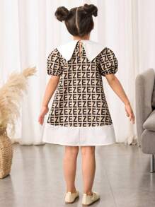 SHEIN Young Girl's Woven Plaid Patchwork Puff Sleeve Loose Casual Peter Pan Collar Dress
