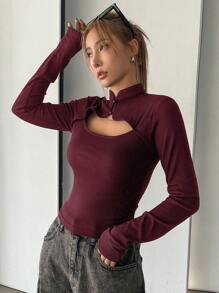 DAZY Stand Collar Hollow Splice Bodycon Long Sleeve Blouse For Women,Fall Clothes,Back To School Clothes - Burgundy - View 3