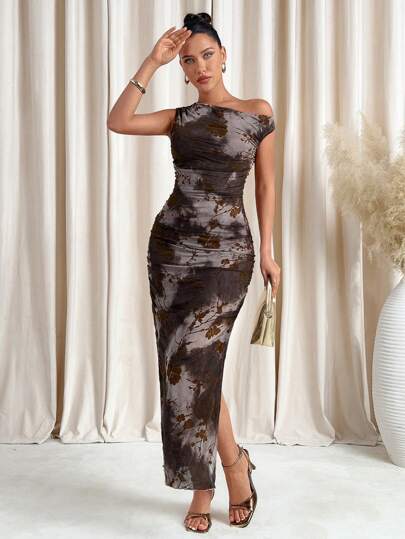 SHEIN Clasi Women's Tie-Dye Printed Pleated Slim-Fit Oblique Shoulder Mesh Dress Spring Women Outfits Date Night Dress