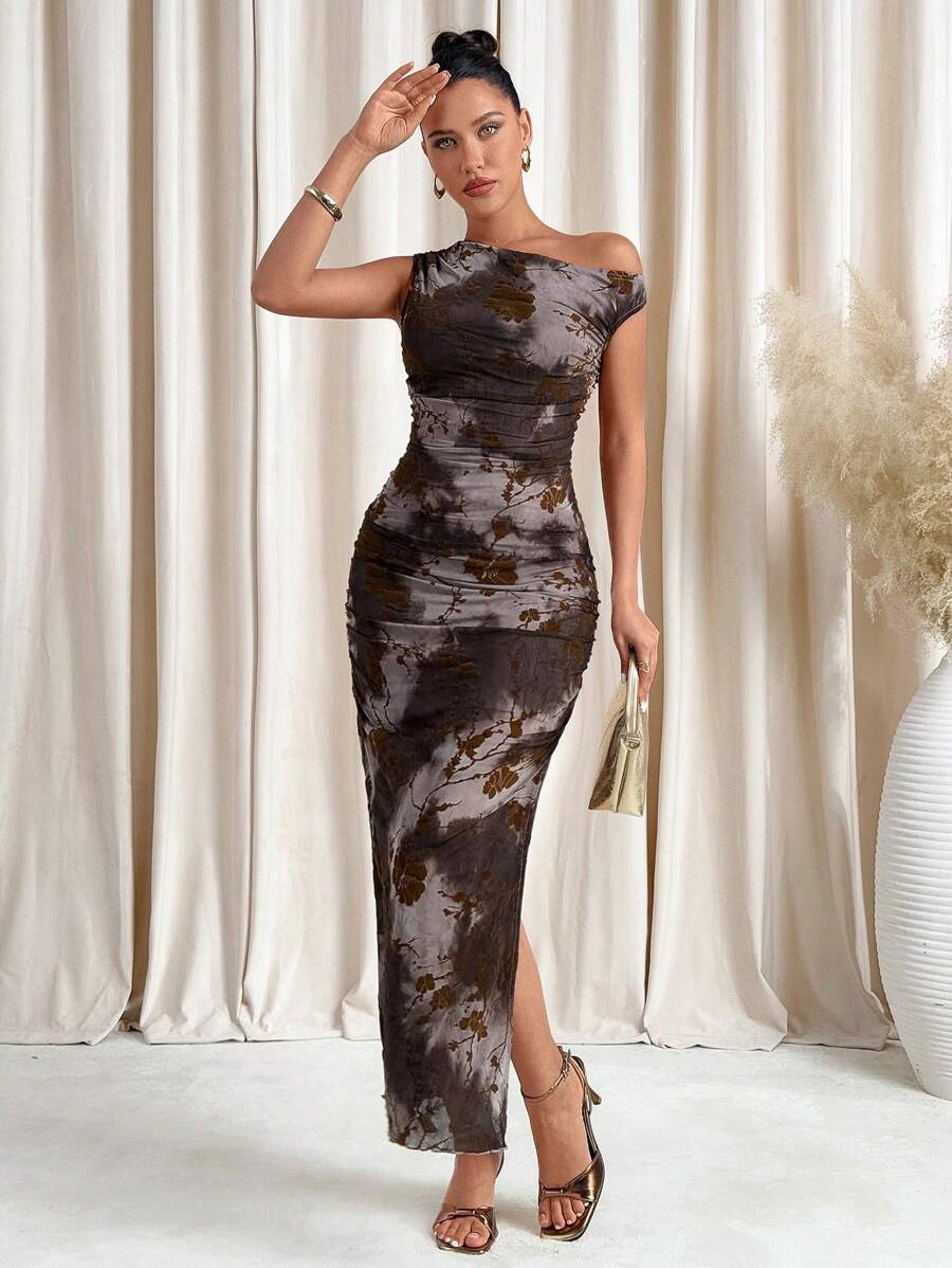 SHEIN Clasi Women's Tie-Dye Printed Pleated Slim-Fit Oblique Shoulder Mesh Dress Spring Women Outfits Date Night Dress