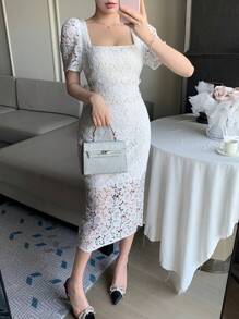 DAZY 女士蕾丝方领泡泡袖开衩中长连衣裙舞会礼服优雅太阳裙，婚礼礼服 - 白色 - 查看 5