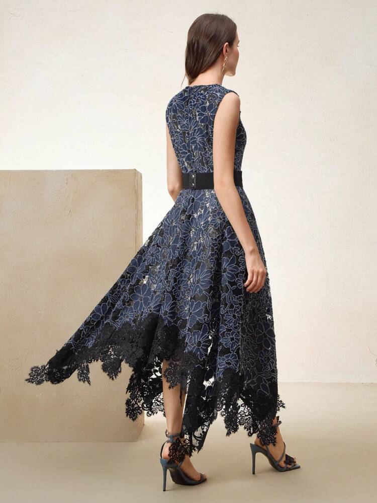 Women's Elegant Lace Jacquard Texture Splice Lace Trim Sleeveless Belt Long Dress, Suitable For Date, Party, Spring/Summer Outfits Party Dresses For Women Women Cocktail Dresses